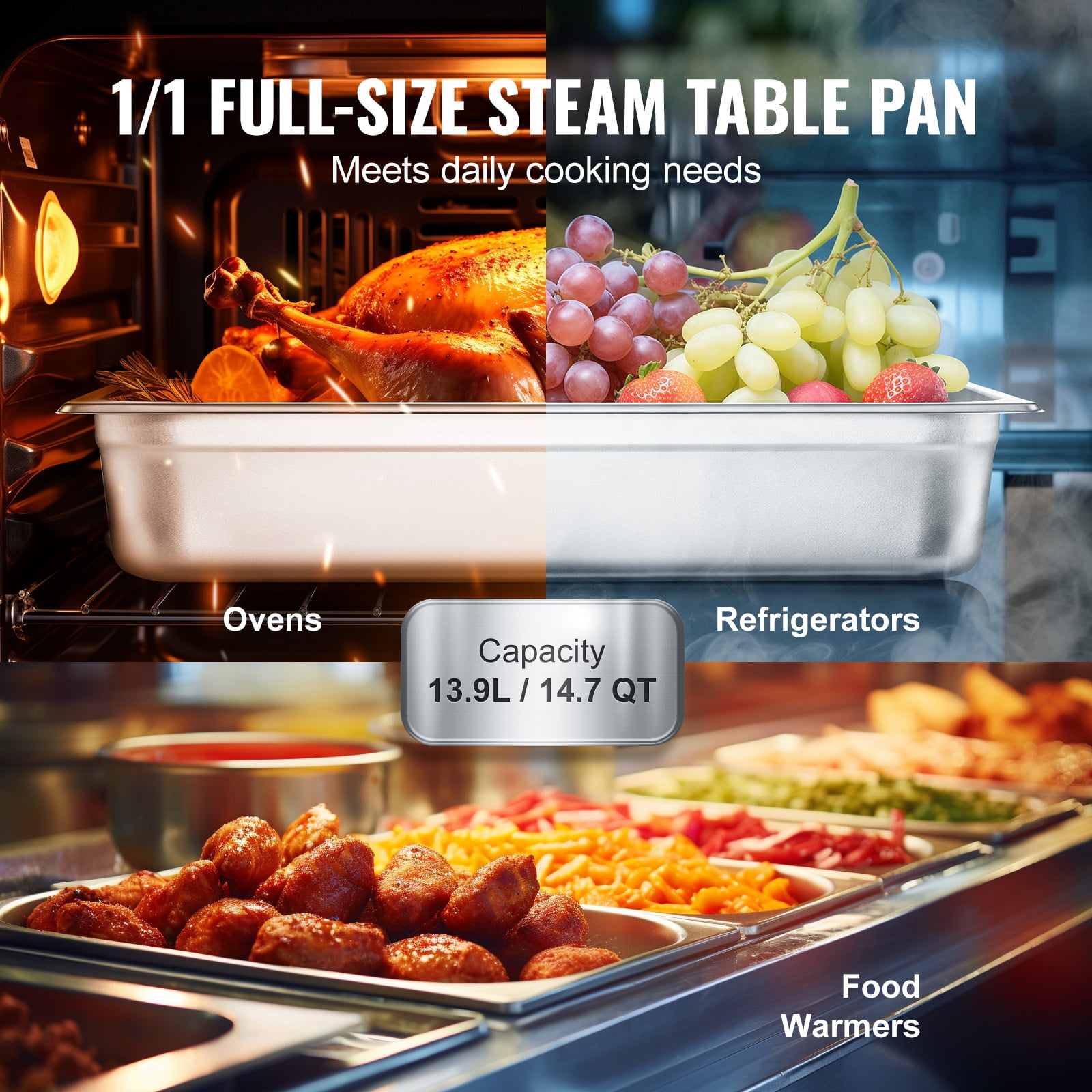 KFFKFF 6 Set Full-Size Steam Pans, Anti-Jam, 0.8mm Durable Stainless Steel, 4-Inch Depth, for Restaurants & Catering, Food Storage, Industrial Use