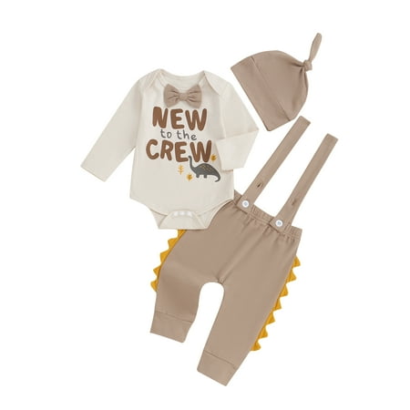 

Sunisery 0-6 Months Baby Boy Fall Outfit Letter/Dinosaur Print Long Sleeve Rompers and Suspender Pants Hat Set Spring Clothes