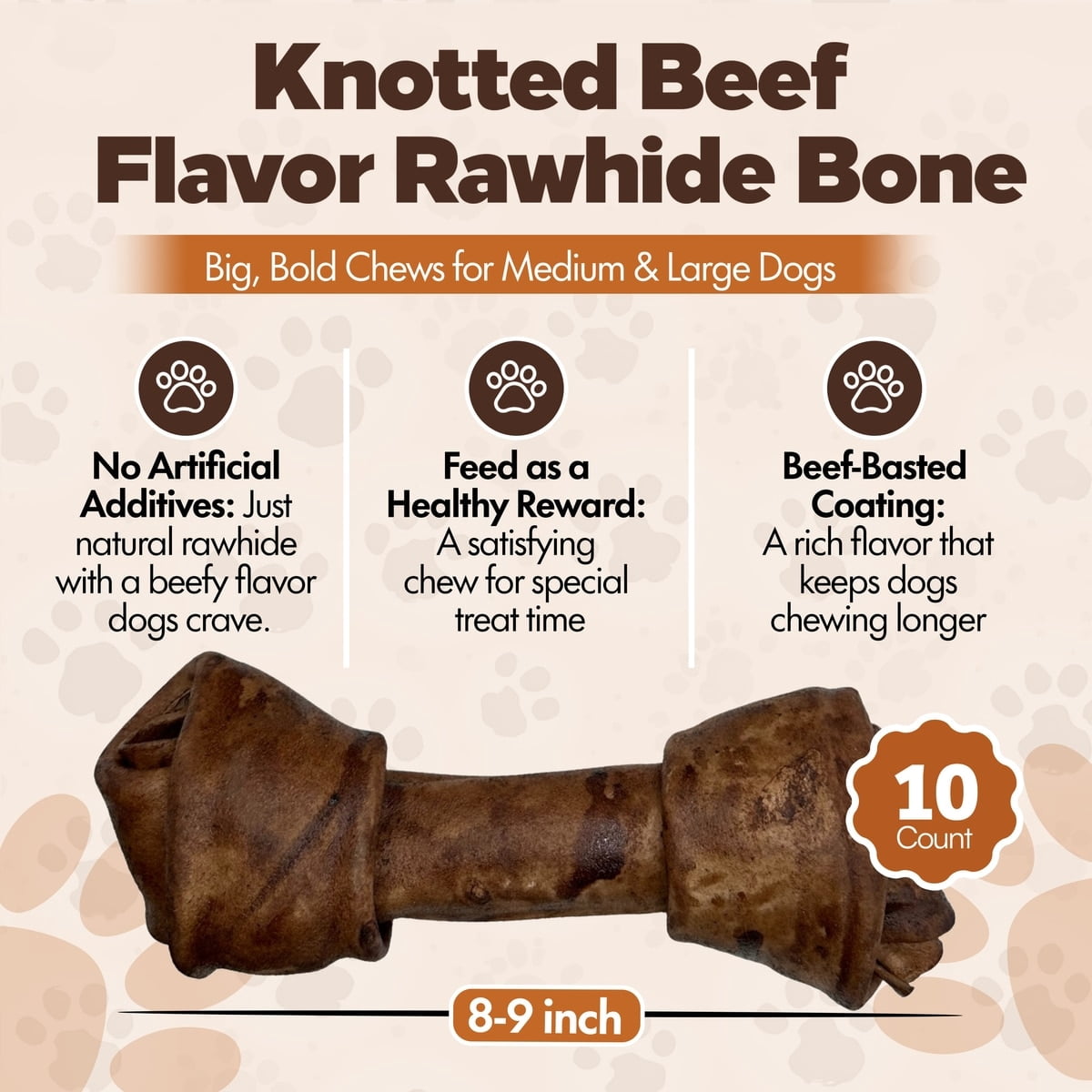 Knotted 8 to 9-in Beef Flavor Rawhide Bone Dog Treats, 10 CT