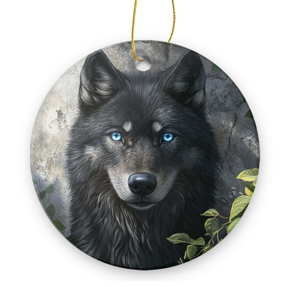 Front View of Portrait of Black Wolf - Christmas Ornament Xmas Keepsake Ceramic Ornaments Holiday Decorations for Tree Christmas Gift Ideas 2.95in
