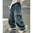 thumbnail image 5 of Boys Baggy Cargo Jeans, Elastic Waistband Multiple Pockets, Wide Leg Denim Trousers for Active Kids Age 6-13, 5 of 9