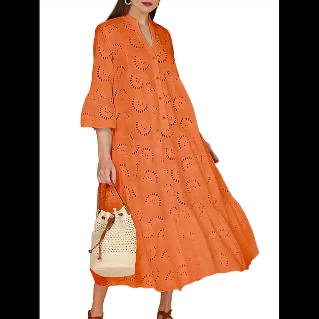 Vestido Bohemio con Cuello en V, Mangas Acampanadas y Bordado de Encaje para Mujer (2025) Color Naranja M
