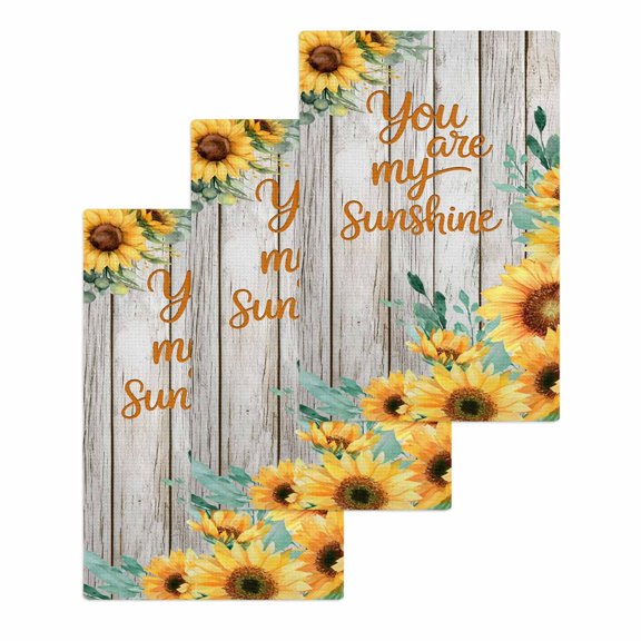 Sunflower Kitchen Dish Towels for Drying Dishes Set of 3, Summer Botanical Elegant Floral Wooden Waffle Weave Microfiber Hand Tea Bathroom Towels Quick Dry & Absorbent Towel 15.7x23.6