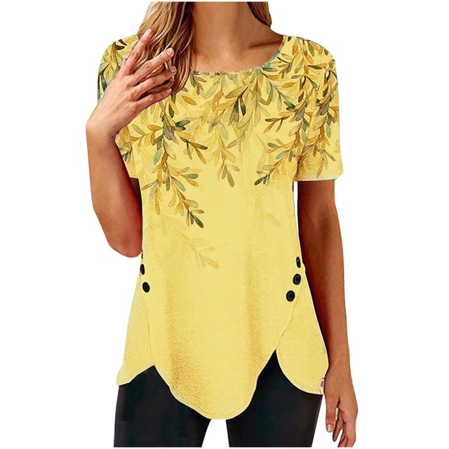 Pompotops T-shirt Mode Imprimé Ample pour Femmes Boutons Manches Courtes Blouse Col Rond Hauts Décontractés
