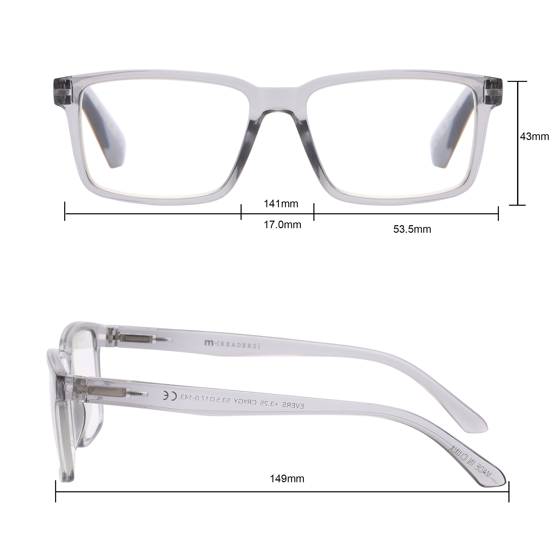 M+ Unisex Spring Hinge Plastic Reading Glasses Crygy 1.75 Evers in Crystal Grey with Pouch