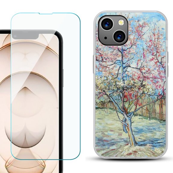 Slim-Fit Flexible TPU Gel Phone Case for iPhone 13, with Tempered Glass Screen Protector, by OneToughShield ® - Blossom Tree