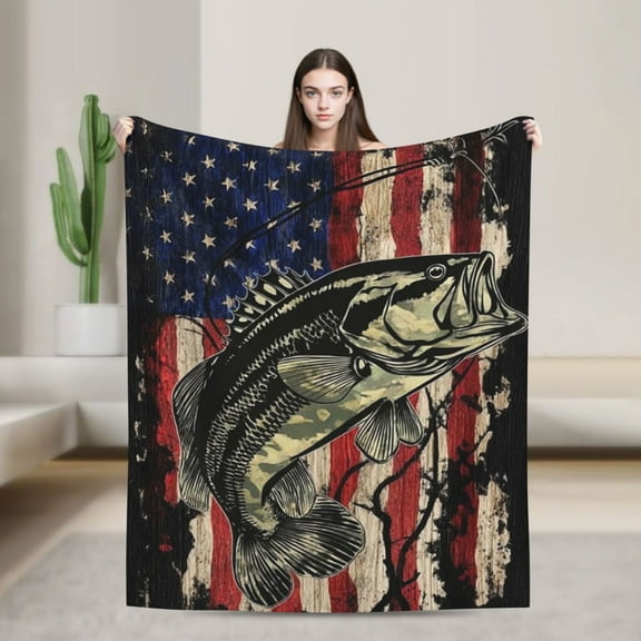 Bass Fishing Camo Camouflage American Flag Green Black Full Plush Throw Blankets Fleece Blanket for Couch Bed Warm Throw Blanket for Women Men Boy Girls Gift Living Room Decor 50x40