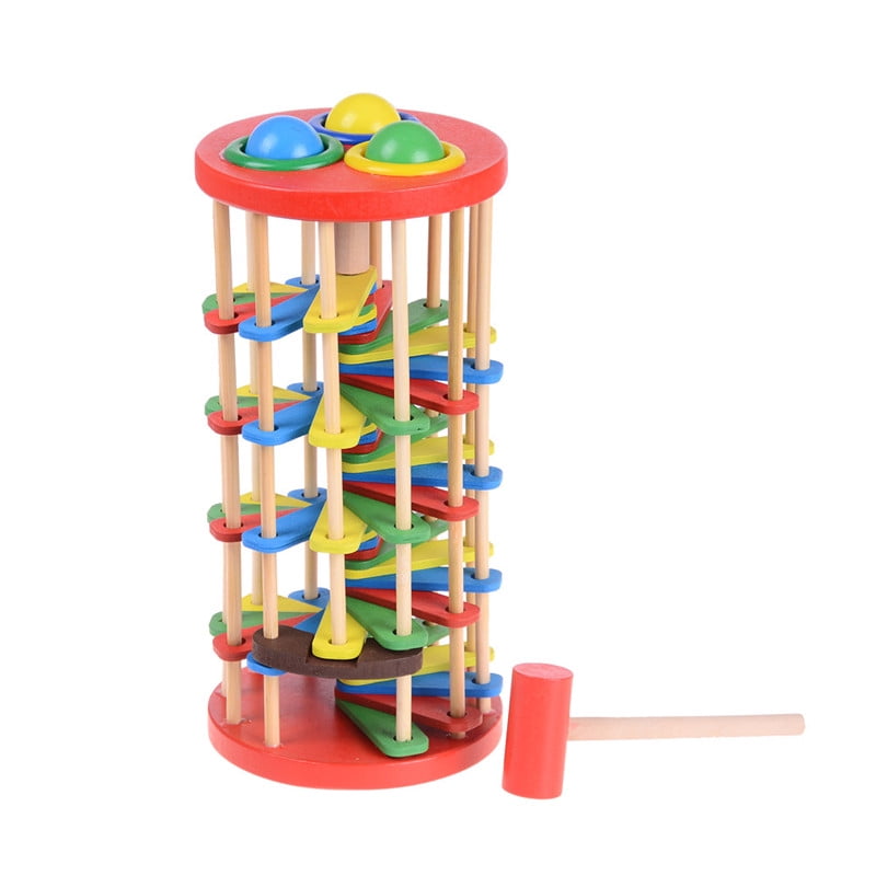 Pound And Roll Wooden Tower With Hammer Knock The Ball Roll Off Ladder Kid Toy 