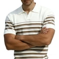 thumbnail image 5 of Men's Knit Horizontal Striped Short Sleeve Open V-Neck Collared Polo Shirt, Casual Slim Fit Top, Breathable Knitwear for Smart Casual Style and Everyday Wear Beige S, 5 of 5