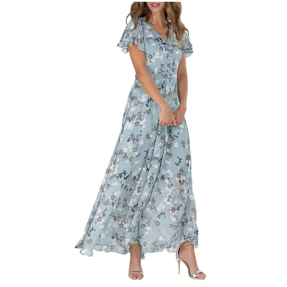 Women'S Dresses Swing Long Dress Chiffon Floral Short Sleeve Ruffle V Neck Fashion Waist Flowy Dress Dresses Women'S Casual Dress Light Blue Xxxl