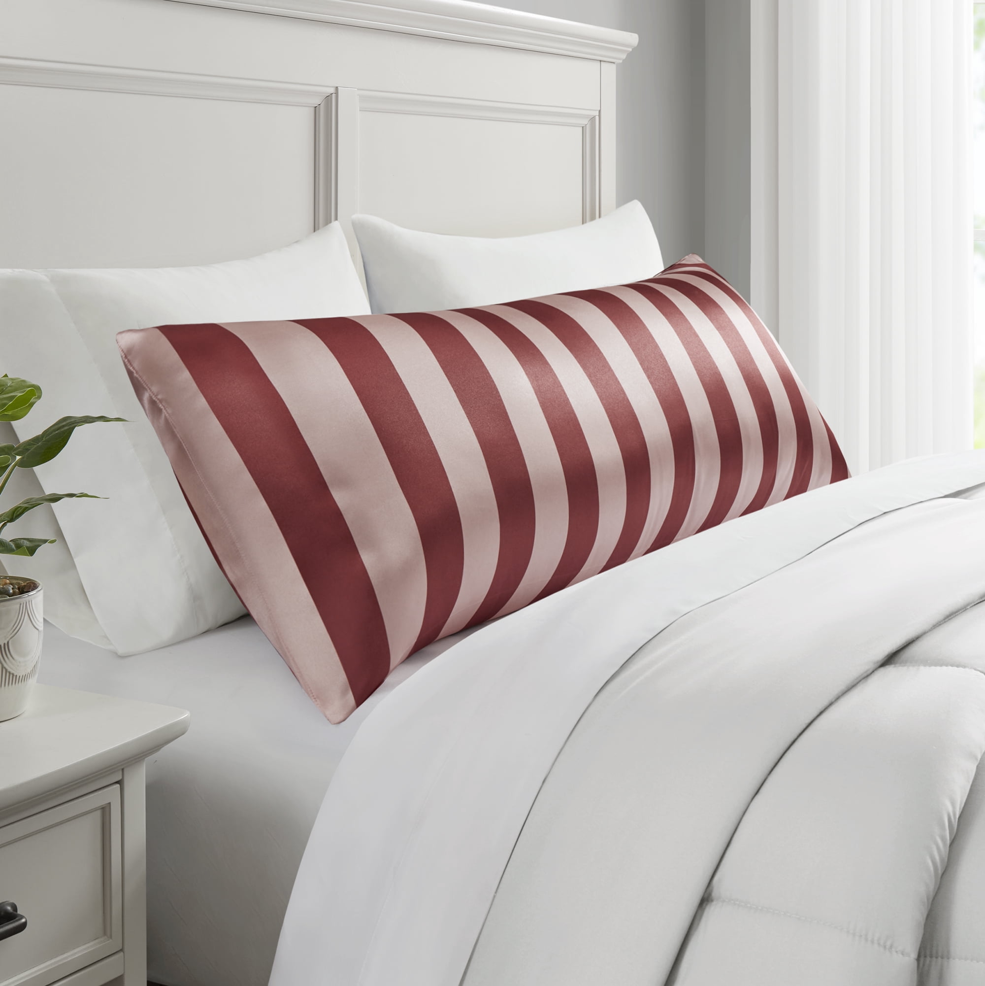 Mainstays Satin Body Pillowcase - Cabana Stripe Pink & Terracotta - 20"x52" - Frizz Control & Cooling Comfort - 1 Pack