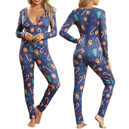 

Famure Sexy Printed Christmas Pajamas Women s One Piece Onesie Women s V-Neck Jumpsuit Long Sleeve Bodycon Pajamas Onesie Romper Bodysuits Outfits for Adult
