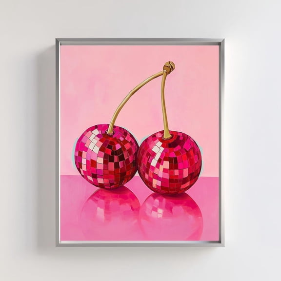 Cherry Disco Ball Art Retro Pink Pop Art Wall Decoration, Unframed Paper Poster 8x10in