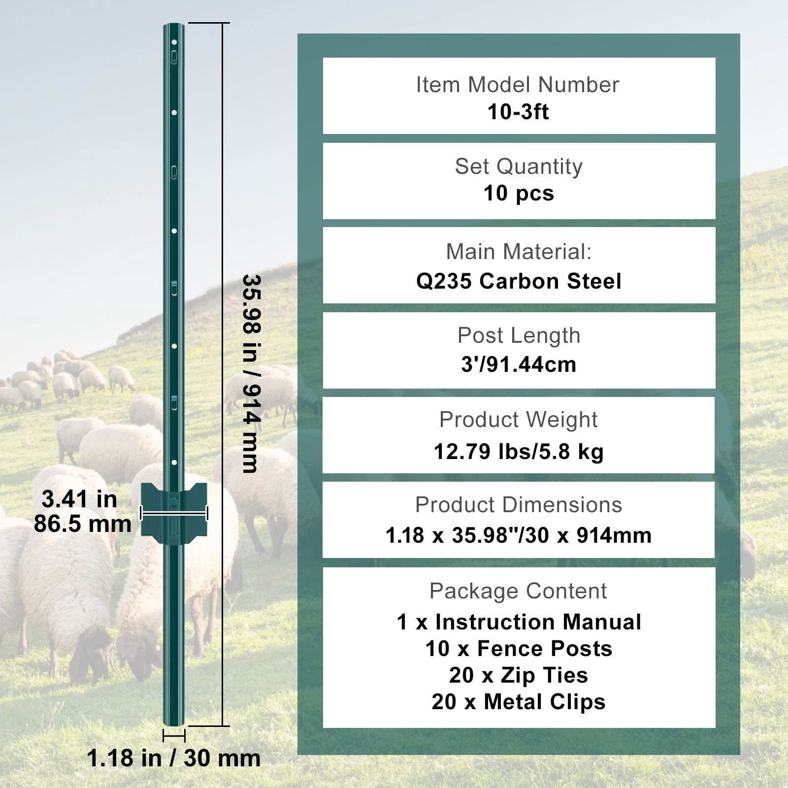 3FT U-Shaped Metal Fence Posts, 2mm Thick Q235 Carbon Steel Powder Coated Fence Stakes with Anchor Plates, Pack of 10 for Garden Yard Farm Vegetable Plot Outdoor Fencing Support