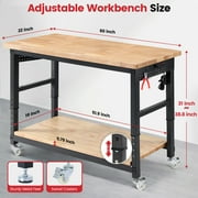 Workbench for Garage,ENJOYWOOD Heavy Duty 60 inch 2 Tier Wood Work Bench with Rolling Wheels and Power Outlets,Rubber Wood Tabletop,2000 LBS Load Bearing Workstation Garage Desk Table Worktable
