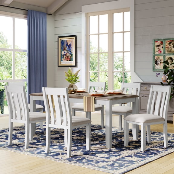 Retro Rectangular Extendable Dining Table and Chairs, 7-Piece Kitchen Dining Room Table Set with Fabric Padded Seat, Standard Height