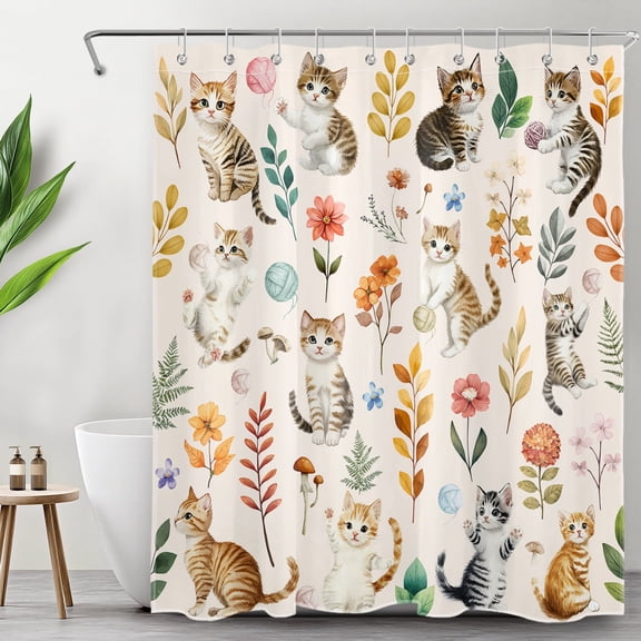 HVEST Cute Cat Shower Curtain, Boho Watercolor Floral Plant Shower Curtain - Cute Animal Wildflower Beige Bathroom Decor, Waterproof Polyester Fabric, Includes 10 Hooks, 60x72 Inches