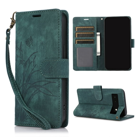 Nalacover Slim Wallet Case for Google Pixel 6, for Women Men, Embossed Pattern PU Leather Shockproof Magnetic Clasp Credit Card Slots Flip Kickstand Phone Case Wrist Strap,Green