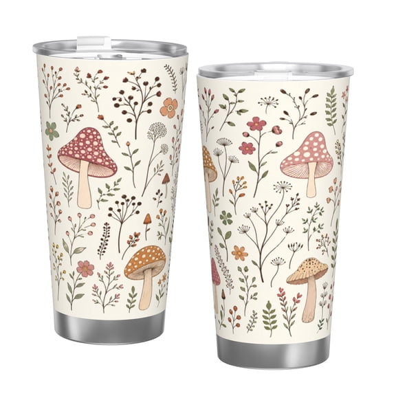 20oz Mushroom Floral Tumbler with Handle and Straw Botanical Wildflower Stainless Steel Insulated Travel Coffee Cup Gift with Single Silver Rim