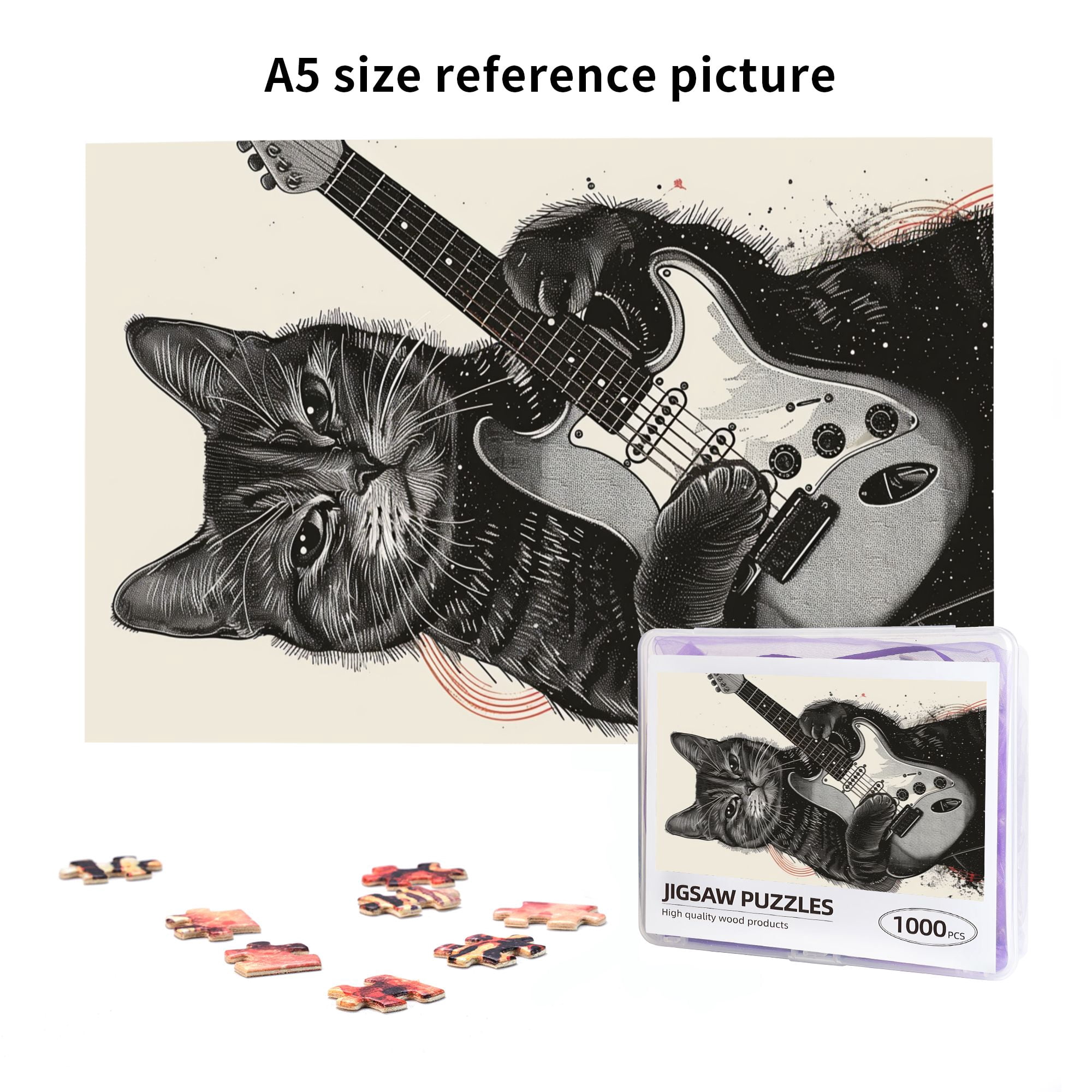 1000 PCS Black Cat'S Music Time - 1000 Piece Funny Animal Jigsaw Puzzles,Relax Yourself,Enjoy The Puzzle Solving Process,Whimsical Wooden Jigsaw Pieces,Exquisite Animal Retro Puzzle As Home Decor