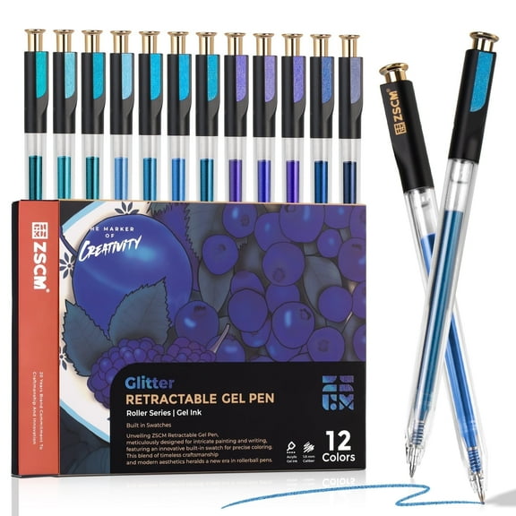 Retractable Glitter Gel Pens, 12 Colors Large Capacity Blue Glitter Metallic Gel Ink Pen, 1 mm Fine Point Smooth Writing Color Pens for Adult Coloring Book Note Taking Aesthetic Art Supplies