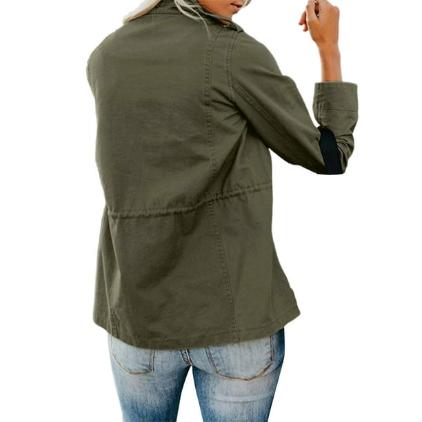 MAWCLOS Women Coat Long Sleeve Outwear Solid Color Military Jacket Plain  Fall Lapel Utility Jackets Army Green 5XL
