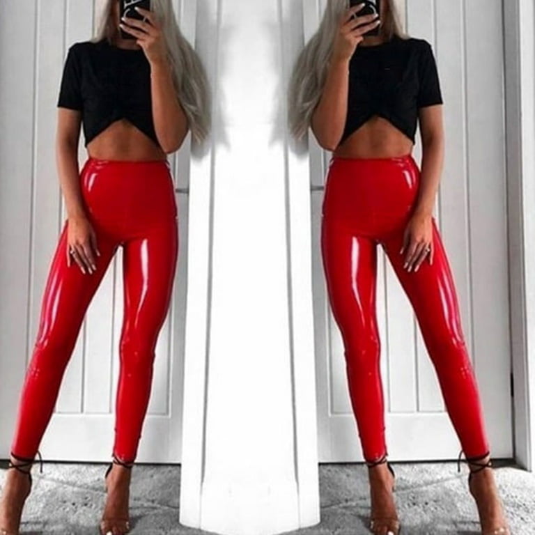 ZXHACSJ Fashion High-waist Leather Pants Pencil Skinny Women Faux Leather  Leggings Red XXL