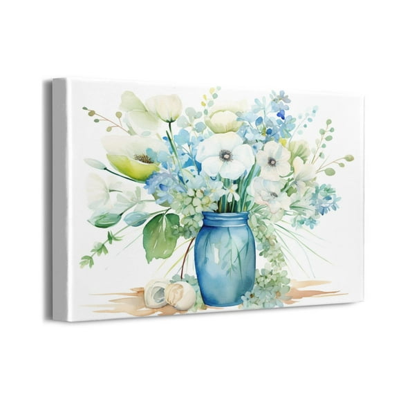 Vintage Flowers Canvas Wall Art Blue White Blossom Canvas Painting Retro Flowers in Vase Canvas Pictures Blue Ocean Background Artwork Prints for Bathroom Bedroom Wall Decor 16" X 12"