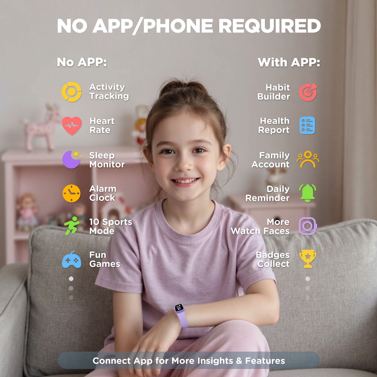 BIGGERFIVE Vigor 3 Kids Fitness Tracker Watch, AMOLED Screen, No App No Phone Needed, 3ATM Waterproof, Heart Rate and Sleep Monitor, Pedometer Watch, Sports Step Counter for Girls Ages 5-15, Lilac