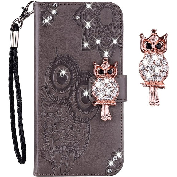 case for Samsung Galaxy A32 5G (Not 4g) Case for Women, Glitter Bling Diamond PU Leather Wallet Phone Case with Wsrist String Full Body Protective Flip Cover for Samsung Galaxy A32 5G Owl Grey