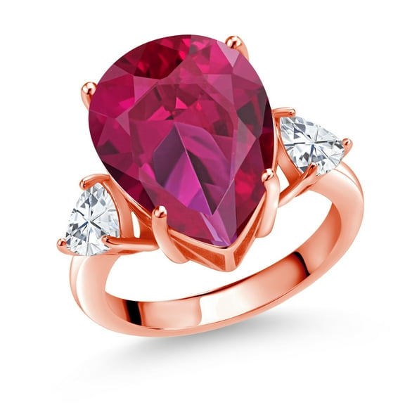Gem Stone King 18K Rose Gold Plated Silver Red Created Ruby and White Moissanite  Ring for Women (10.56 Cttw, Gemstone July Birthstone, Pear Shape 16X12MM, Size 9)