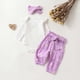 thumbnail image 1 of Conjuntos de blusas y camisas de cuello redondo y manga larga para niña, mono de cuello redondo y manga larga con vuelo de color liso con cintura elástica, pantalones estampados y diadema, conjunto de, 1 of 8