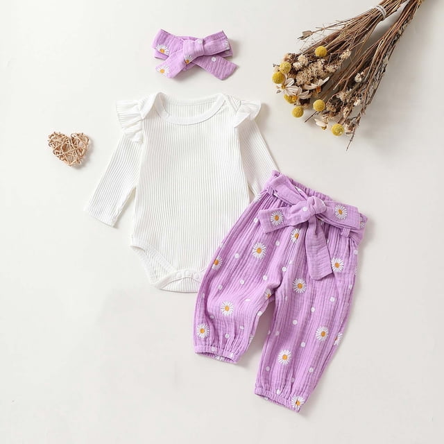 Conjuntos de blusas y camisas de cuello redondo y manga larga para niña, mono de cuello redondo y manga larga con vuelo de color liso con cintura elástica, pantalones estampados y diadema, conjunto de