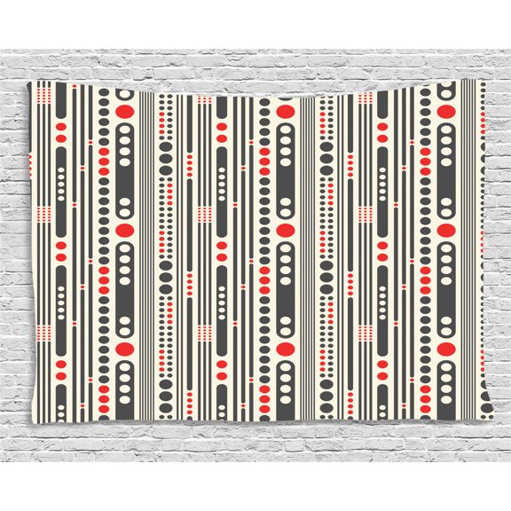 Modern Tapestry, Vertical Stripes and Circles Minimal Geometrical Graphic Design, Wall Hanging for Bedroom Living Room Dorm Decor, 80W X 60L Inches, Charcoal Grey Scarlet Cream, by Ambesonne
