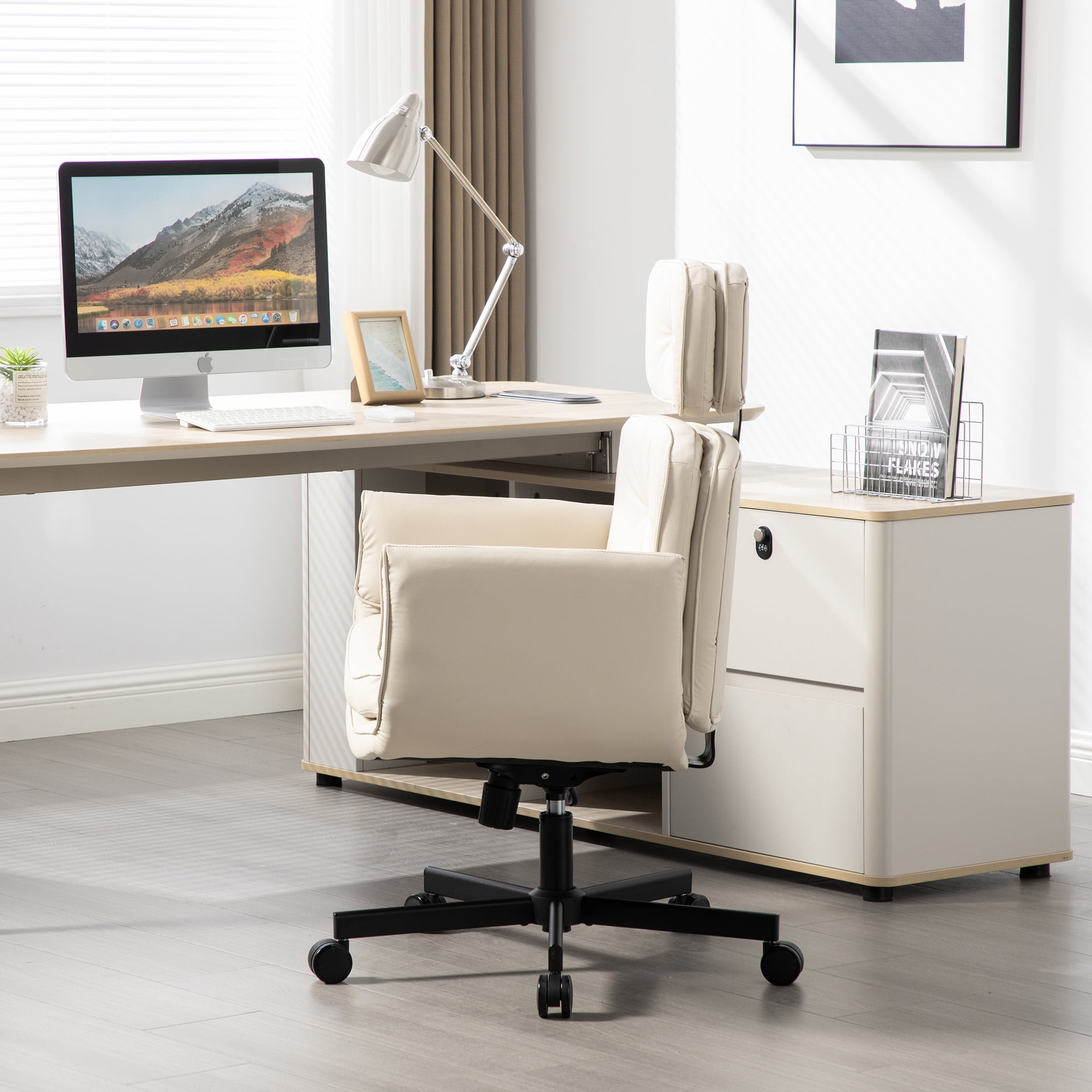 Office Chair, Desk Chair, Task Chair&nbsp;with Adjustable Armrests, PU Leather Criss Cross Chair with Wide Seat and Headrest for Home Office, Gaming, Makeup, Beige