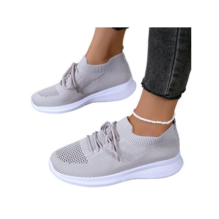 

Bellella Womens Walking Shoes Lace Up Casual Shoe Knit Upper Sock Sneakers Lightweight Flats Jogging Sports Trainers Gray 5