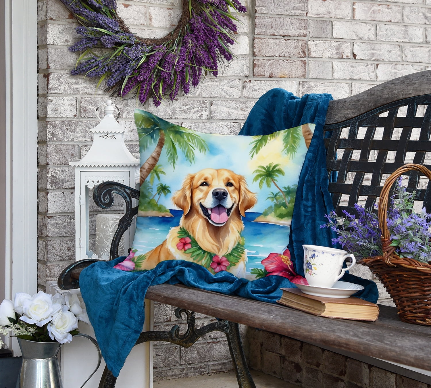 Golden Retriever Luau Throw Pillow 18 in x 18 in