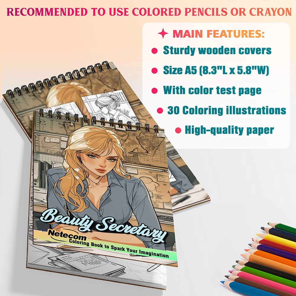 Netecom Beauty Secretary Coloring Book for Adults, A5 Wooden Cover, 30 Enchanting Coloring Pages of Stylish Secretaries for Stress Relief and Relaxation, Spiral Bound Edition