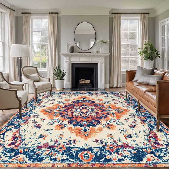 5'x7' Area Rugs, Boho Orange Blue Indoor Outdoor Area Rug for Living Room Bedroom, Boho Vintage Geometric Ethnic Art Washable Bathroom Rugs Kitchen Floor Carpet Mats Home Decor Aesthetic