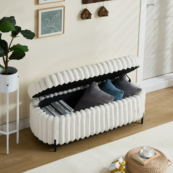 49.2" Wide Faux Fur Flip Top Storage Bench, Storage Ottoman Upholstered with Black Metal Legs, Quick Assembly, Bed End Stool Foot Rest for Living Room, Entryway, Dorm and Bedroom, Beige