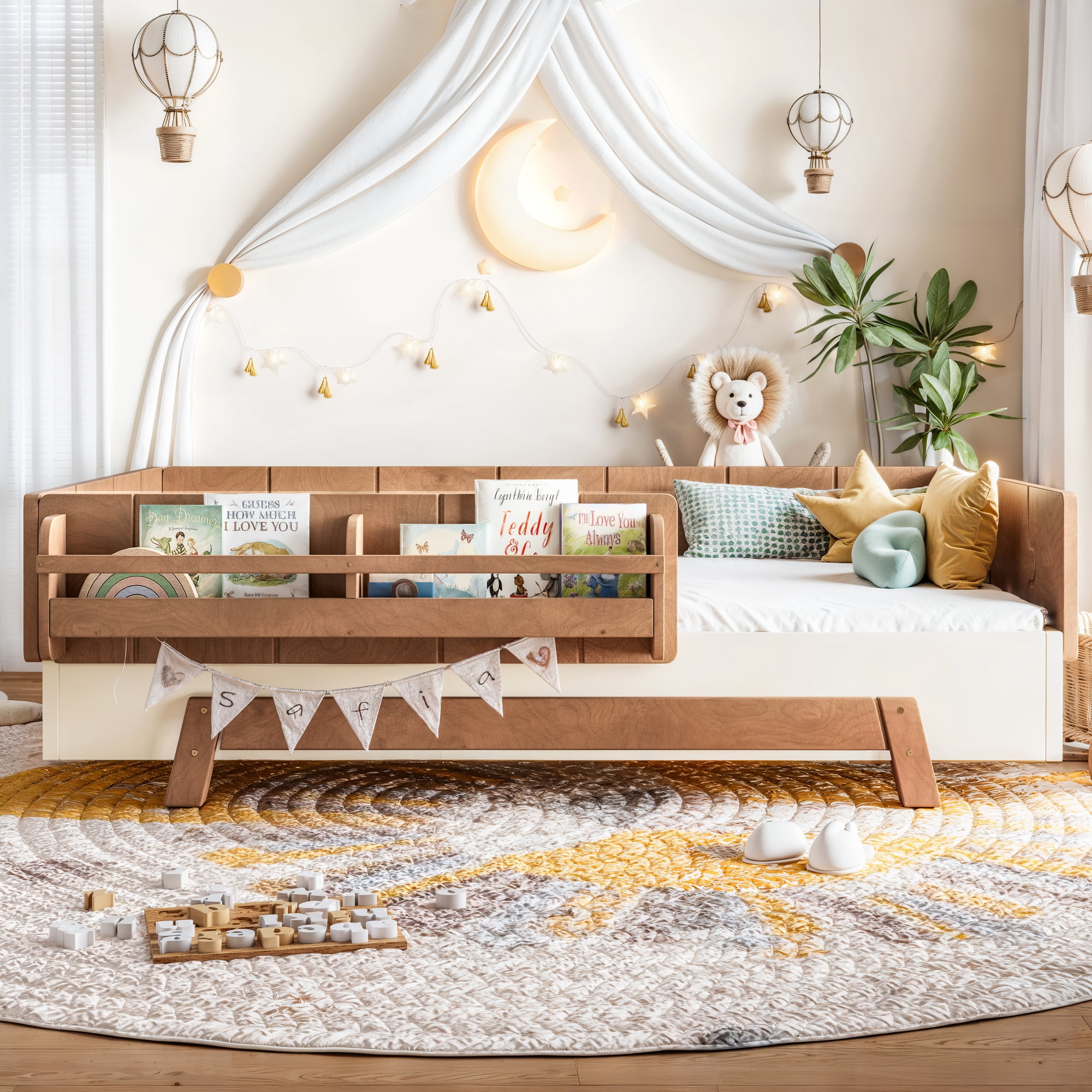 Mintazer Twin Size Montessori Floor Bed Frame, Kids Puzzle Block Design Platform Bed with Guardrails & Bookshelf for Bedroom, Brown & Beige