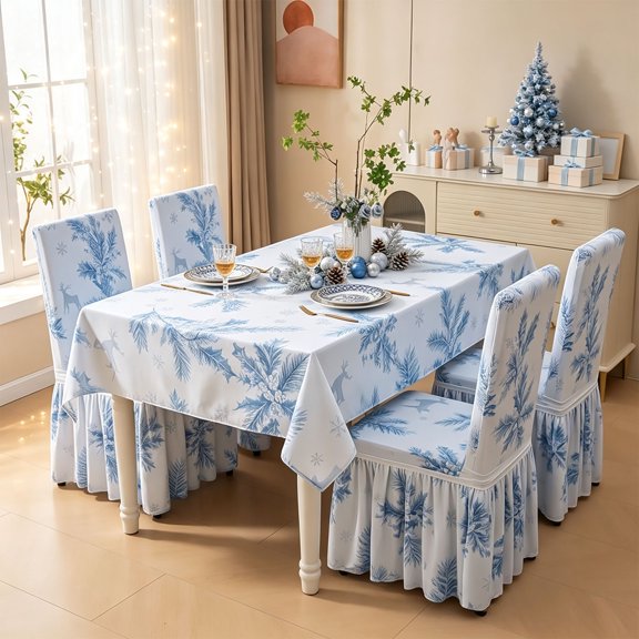 Christmas Tablecloth With 1 Chair Cover, Waterproof Stain Resistant Polyester Dining Table Cover, Elastic Holiday Party Decor With Snowflake