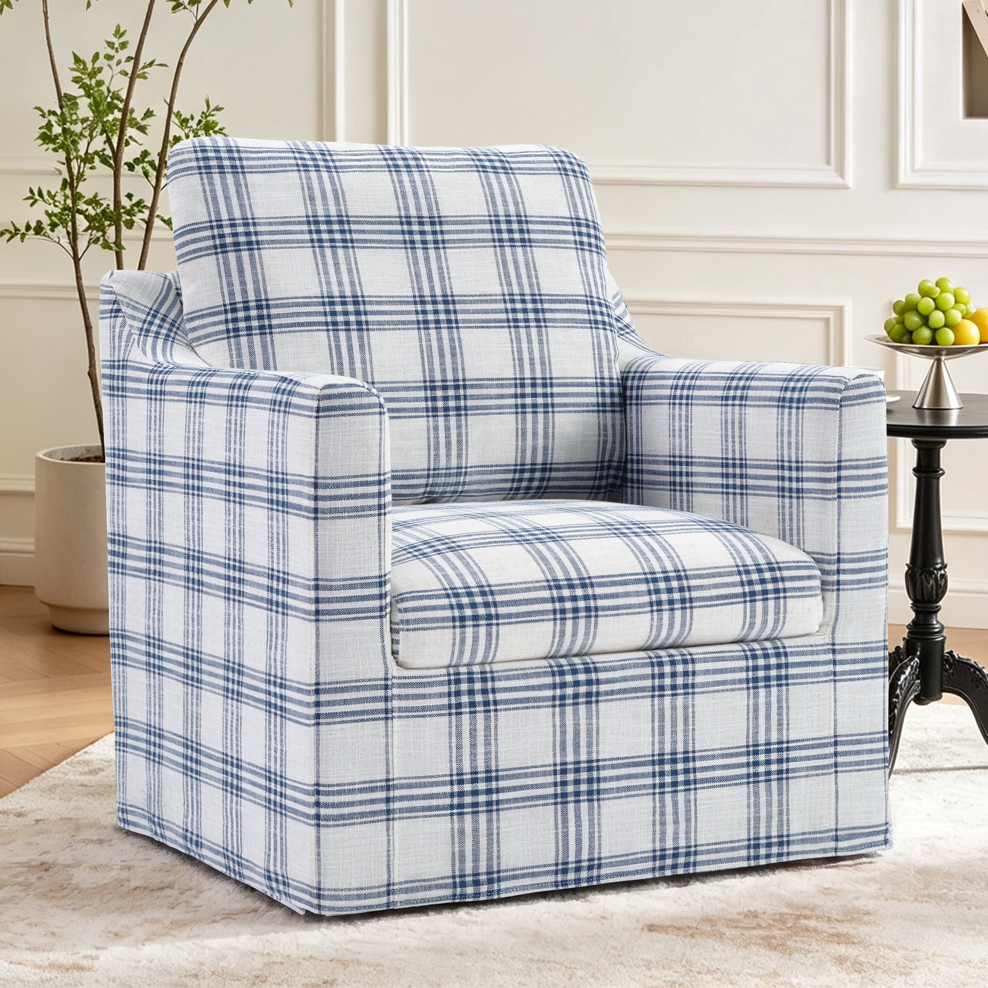 Bonzy Home 360° Swivel Accent Chair, Modern Upholstered Armchair with Thick Cushion, Swivel Square Single Sofa Chair for Living Room Bedroom Study Balcony, Blue Plaid