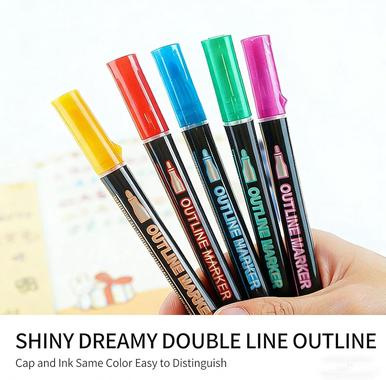Dreamy Sparkle Dual-Line Contour Pen, Dual-Line Highlighter, Double Line Outline Pen Sparkle Markers, Quick-Dry Ink for Drawing, Coloring & DIY Crafts