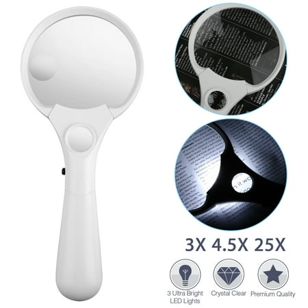 Magnifying Glass with Light, 25X Handheld Large Magnifying Glass, 3 LED Illuminated Lighted,  3-Lens (3X +4.5X +25X ), Magnifier for Macular Degeneration, Seniors Reading, Coins, Jewelry,