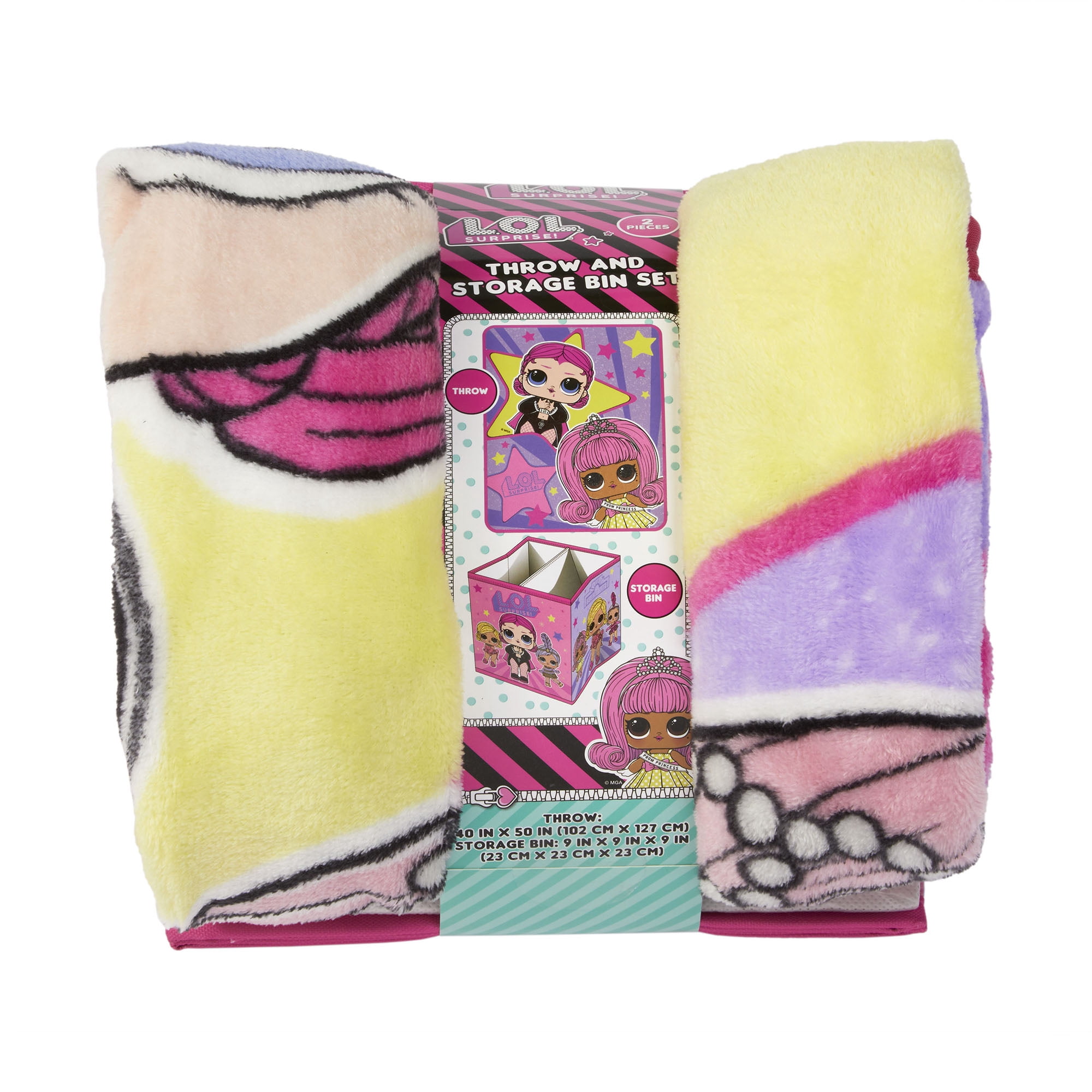 LOL Surprise Kids Plush Throw and Canvas Storage Cube Bin, 2Pc Set, Pink and Purple, MGA