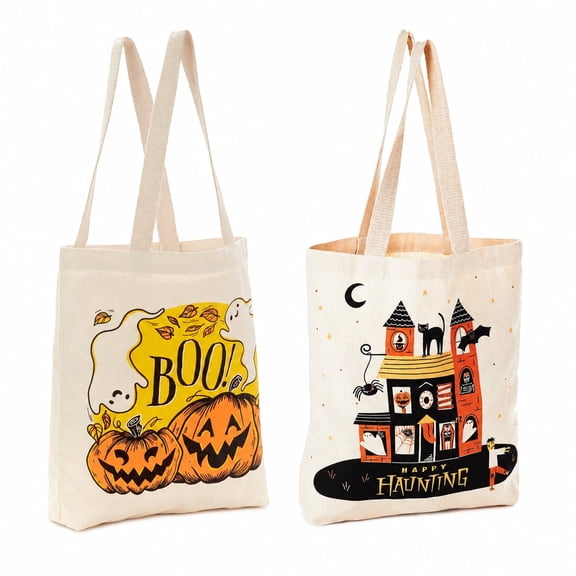 13" Large Halloween Tote Bag (Haunted House) Reusable Canvas Bag for Trick or Treating, Grocery Shopping and More