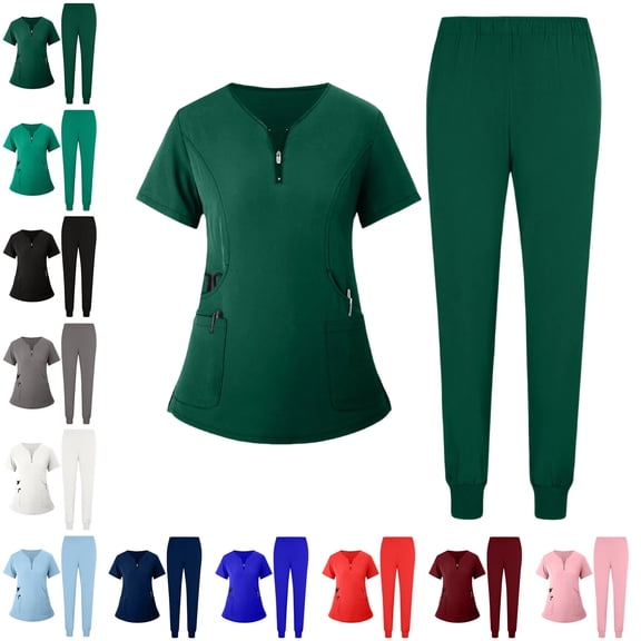 Women’s Rib-Knit Jogger Scrub Set – multi-Pocket V-Neck Top & Tapered Cargo Pant, Stretch Nursing Uniform Dark Green L