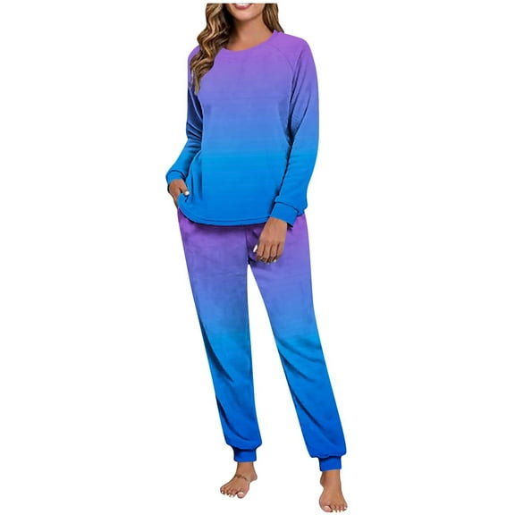 Women Pajama Sets Fleece 2 Pieces Fall Winter Loungewear Ombre PJs Long Sleeve Tops and Tapered Pants Cozy Night Gowns Thicken Nightshirt Relaxed Homewear