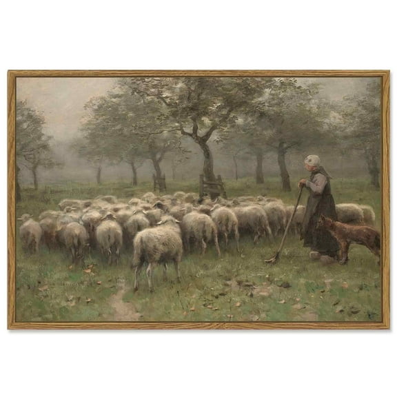 Drsoum 16x24in Framed Canvas Wall Art Vintage Classical Oil Painting Sheep Herds and Shepherds Room Decor for Bathroom Bedroom Living Room - Natural Framed